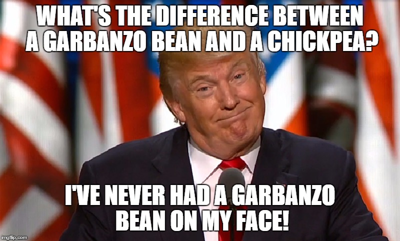 Trump's Chickpea |  WHAT'S THE DIFFERENCE BETWEEN A GARBANZO BEAN AND A CHICKPEA? I'VE NEVER HAD A GARBANZO BEAN ON MY FACE! | image tagged in trump,golden showers,pee,russia,joke | made w/ Imgflip meme maker