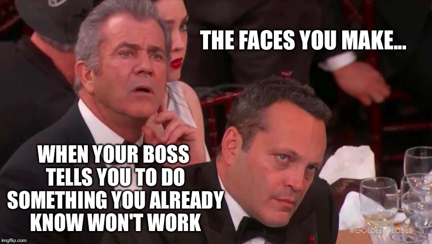 Mel Gibson Vince Vaughn not impressed | THE FACES YOU MAKE... WHEN YOUR BOSS TELLS YOU TO DO SOMETHING YOU ALREADY KNOW WON'T WORK | image tagged in mel gibson,vince vaughn,meryl streep,political meme | made w/ Imgflip meme maker