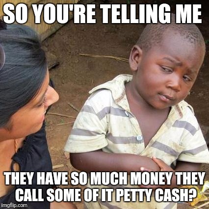 What's petty about cash? | SO YOU'RE TELLING ME; THEY HAVE SO MUCH MONEY THEY CALL SOME OF IT PETTY CASH? | image tagged in memes,third world skeptical kid,petty | made w/ Imgflip meme maker