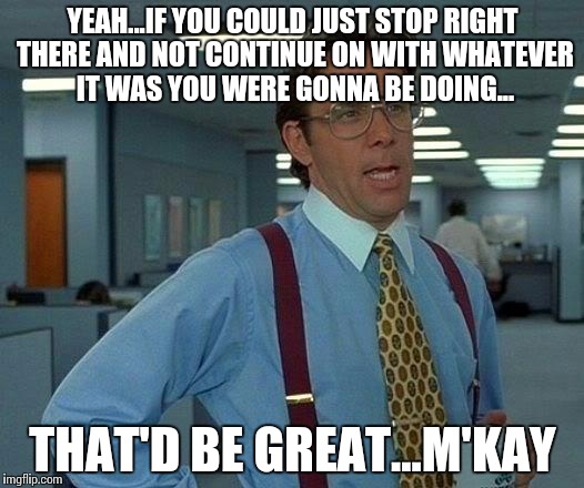 That Would Be Great Meme | YEAH...IF YOU COULD JUST STOP RIGHT THERE AND NOT CONTINUE ON WITH WHATEVER IT WAS YOU WERE GONNA BE DOING... THAT'D BE GREAT...M'KAY | image tagged in memes,that would be great | made w/ Imgflip meme maker