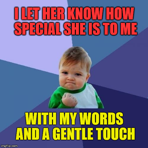 And I want to let her know everyday | I LET HER KNOW HOW SPECIAL SHE IS TO ME; WITH MY WORDS AND A GENTLE TOUCH | image tagged in memes,success kid,love | made w/ Imgflip meme maker