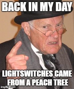 Back In My Day Meme | BACK IN MY DAY; LIGHTSWITCHES CAME FROM A PEACH TREE | image tagged in memes,back in my day | made w/ Imgflip meme maker