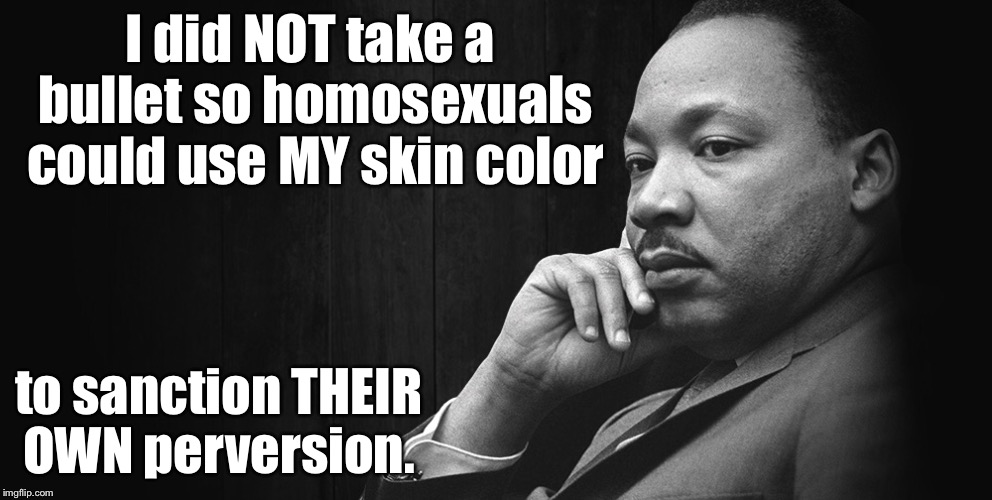 I did NOT take a bullet so homosexuals could use MY skin color; to sanction THEIR OWN perversion. | image tagged in mlk jr | made w/ Imgflip meme maker
