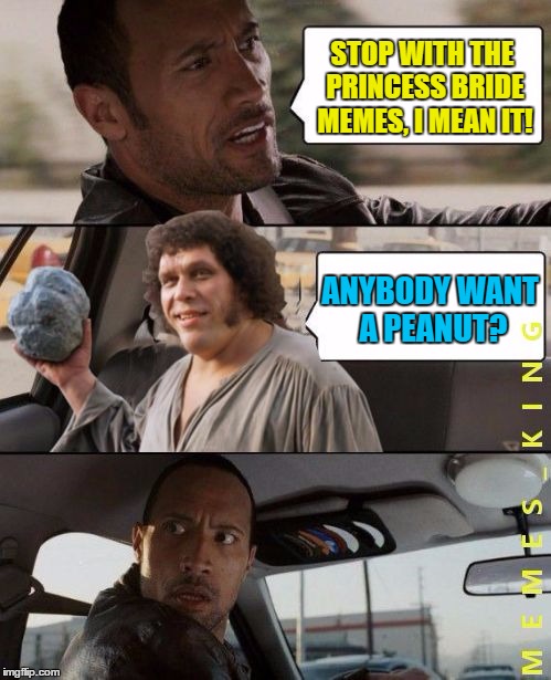 The Rock Driving Andre The Giant | STOP WITH THE PRINCESS BRIDE MEMES, I MEAN IT! ANYBODY WANT A PEANUT? | image tagged in the rock driving andre the giant | made w/ Imgflip meme maker