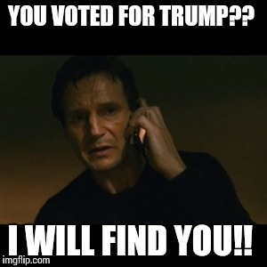 Liam Neeson Taken | YOU VOTED FOR TRUMP?? I WILL FIND YOU!! | image tagged in memes,liam neeson taken | made w/ Imgflip meme maker