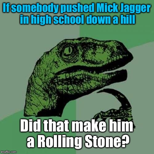 Every Rockstar Has A Story... | If somebody pushed Mick Jagger in high school down a hill; Did that make him a Rolling Stone? | image tagged in memes,philosoraptor | made w/ Imgflip meme maker