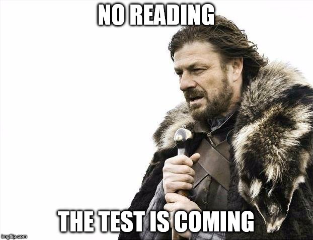 Brace Yourselves X is Coming | NO READING; THE TEST IS COMING | image tagged in memes,brace yourselves x is coming | made w/ Imgflip meme maker