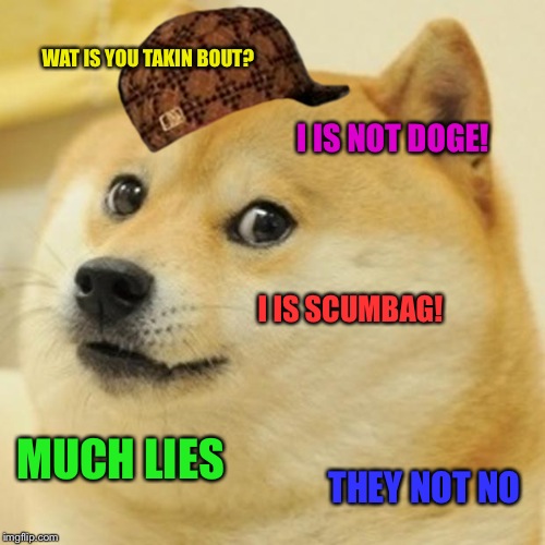 I is not doge | WAT IS YOU TAKIN BOUT? I IS NOT DOGE! I IS SCUMBAG! MUCH LIES; THEY NOT NO | image tagged in memes,doge,scumbag | made w/ Imgflip meme maker