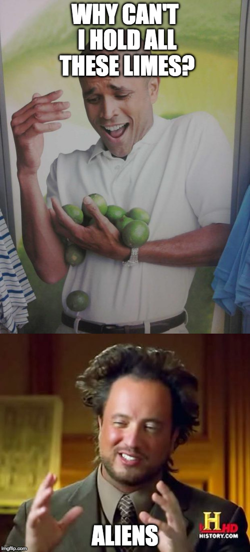 Why can't I hold all these aliens? | WHY CAN'T I HOLD ALL THESE LIMES? ALIENS | image tagged in limes,why can't i hold all these limes,aliens,conspiracy,derp,buggylememe | made w/ Imgflip meme maker