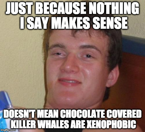 10 Guy | JUST BECAUSE NOTHING I SAY MAKES SENSE; DOESN'T MEAN CHOCOLATE COVERED KILLER WHALES ARE XENOPHOBIC | image tagged in memes,10 guy | made w/ Imgflip meme maker