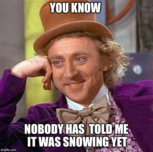 Creepy Condescending Wonka | YOU KNOW; NOBODY HAS  TOLD
ME IT WAS SNOWING YET | image tagged in memes,creepy condescending wonka | made w/ Imgflip meme maker