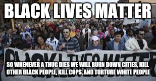 BLACK LIVES MATTER SO WHENEVER A THUG DIES WE WILL BURN DOWN CITIES, KILL OTHER BLACK PEOPLE, KILL COPS, AND TORTURE WHITE PEOPLE | made w/ Imgflip meme maker