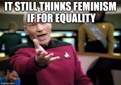 Picard Wtf Meme | IT STILL THINKS FEMINISM IF FOR EQUALITY | image tagged in memes,picard wtf | made w/ Imgflip meme maker