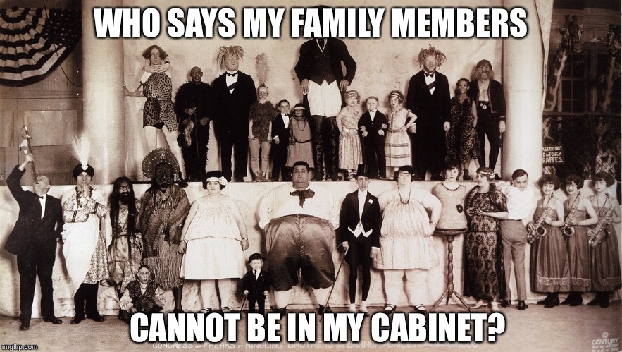 WHO SAYS MY FAMILY MEMBERS; CANNOT BE IN MY CABINET? | image tagged in usa | made w/ Imgflip meme maker