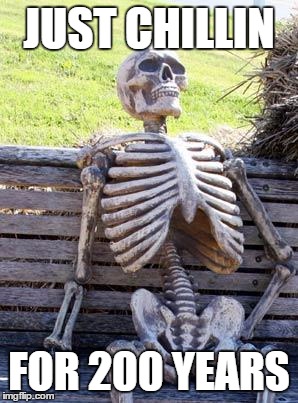 Waiting Skeleton | JUST CHILLIN; FOR 200 YEARS | image tagged in memes,waiting skeleton | made w/ Imgflip meme maker