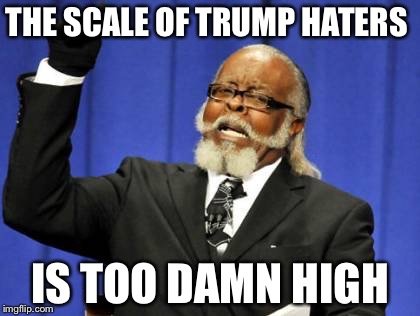 Like seriously guys start to love your president  | THE SCALE OF TRUMP HATERS; IS TOO DAMN HIGH | image tagged in memes,too damn high | made w/ Imgflip meme maker