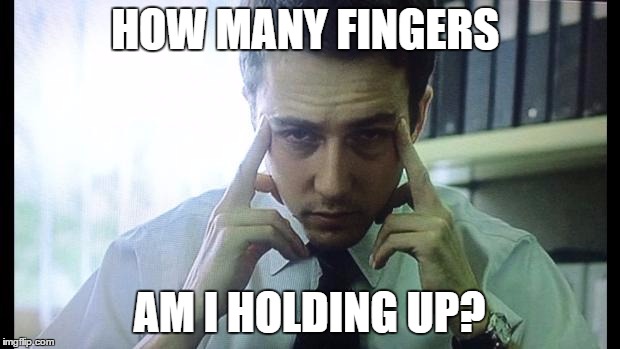 Edward Norton Fight Club | HOW MANY FINGERS; AM I HOLDING UP? | image tagged in edward norton fight club | made w/ Imgflip meme maker