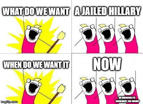 its what I want at least | WHAT DO WE WANT; A JAILED HILLARY; NOW; WHEN DO WE WANT IT; OR WHENEVER ITS CONVENIENT, YOU KNOW? | image tagged in memes,what do we want,hillary,hillary emails | made w/ Imgflip meme maker