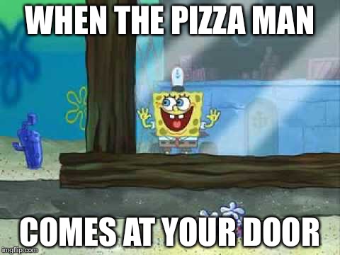 spongebob window | WHEN THE PIZZA MAN; COMES AT YOUR DOOR | image tagged in spongebob window | made w/ Imgflip meme maker