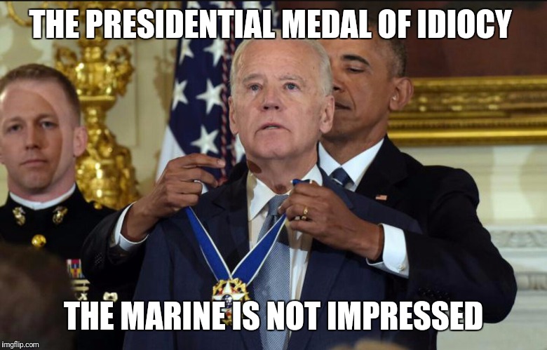 Presidential medal of Idiocy |  THE PRESIDENTIAL MEDAL OF IDIOCY; THE MARINE IS NOT IMPRESSED | image tagged in joe biden,presidential,medals,creepy uncle joe,idiot,marines | made w/ Imgflip meme maker