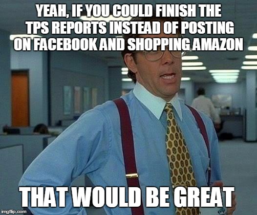 That Would Be Great Meme | YEAH, IF YOU COULD FINISH THE TPS REPORTS INSTEAD OF POSTING ON FACEBOOK AND SHOPPING AMAZON THAT WOULD BE GREAT | image tagged in memes,that would be great | made w/ Imgflip meme maker