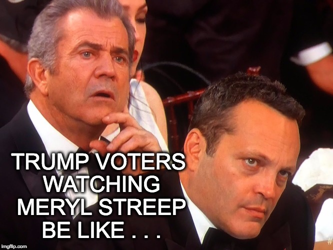 Mel/Vince Hollywood reaction | TRUMP VOTERS WATCHING MERYL STREEP BE LIKE . . . | image tagged in mel/vince hollywood reaction,golden globes,liberal vs conservative,trump 2016 | made w/ Imgflip meme maker