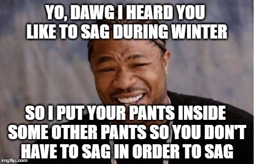 Yo Dawg Heard You | YO, DAWG I HEARD YOU LIKE TO SAG DURING WINTER; SO I PUT YOUR PANTS INSIDE SOME OTHER PANTS SO YOU DON'T HAVE TO SAG IN ORDER TO SAG | image tagged in memes,yo dawg heard you,sag,winter,pants,solution | made w/ Imgflip meme maker