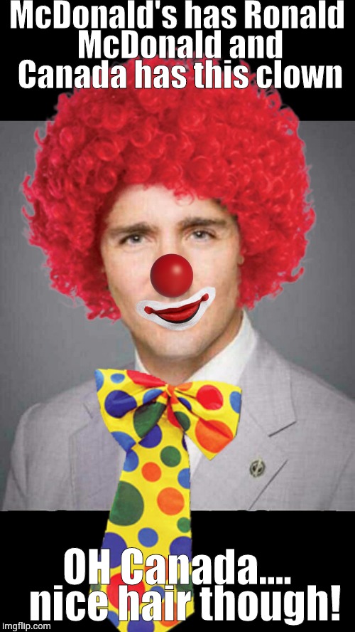 Tator-Tot | McDonald's has Ronald McDonald and Canada has this clown; OH Canada.... 
nice hair though! | image tagged in justin trudeau | made w/ Imgflip meme maker