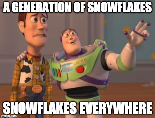 Generation Snow | A GENERATION OF SNOWFLAKES; SNOWFLAKES EVERYWHERE | image tagged in x x everywhere,snowflakes,college liberal,bacon | made w/ Imgflip meme maker