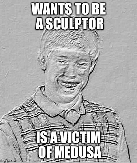 Oi | WANTS TO BE A SCULPTOR; IS A VICTIM OF MEDUSA | image tagged in bad luck brian fossil,bad luck brian,medusa | made w/ Imgflip meme maker
