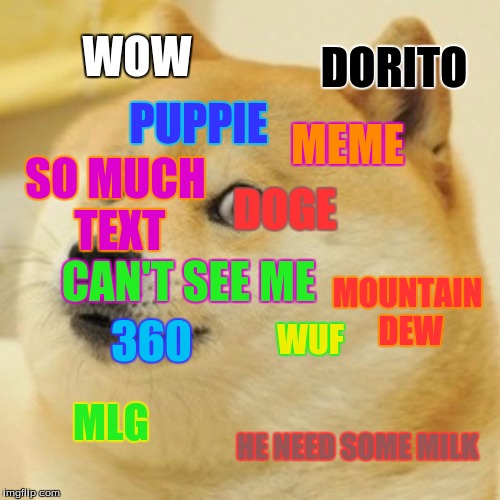Doge Meme | WOW; MEME; DORITO; PUPPIE; SO MUCH TEXT; DOGE; CAN'T SEE ME; MOUNTAIN DEW; 360; WUF; MLG; HE NEED SOME MILK | image tagged in memes,doge | made w/ Imgflip meme maker