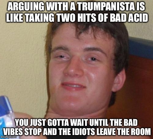 Trump | ARGUING WITH A TRUMPANISTA IS LIKE TAKING TWO HITS OF BAD ACID; YOU JUST GOTTA WAIT UNTIL THE BAD VIBES STOP AND THE IDIOTS LEAVE THE ROOM | image tagged in memes,10 guy | made w/ Imgflip meme maker