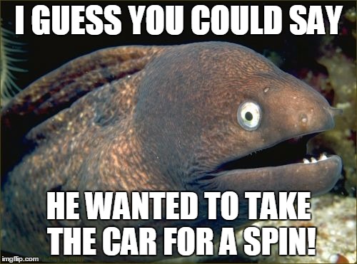 Bad Joke Eel Meme | I GUESS YOU COULD SAY; HE WANTED TO TAKE THE CAR FOR A SPIN! | image tagged in memes,bad joke eel | made w/ Imgflip meme maker