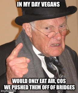 Back In My Day | IN MY DAY VEGANS; WOULD ONLY EAT AIR, COS WE PUSHED THEM OFF OF BRIDGES | image tagged in memes,back in my day | made w/ Imgflip meme maker