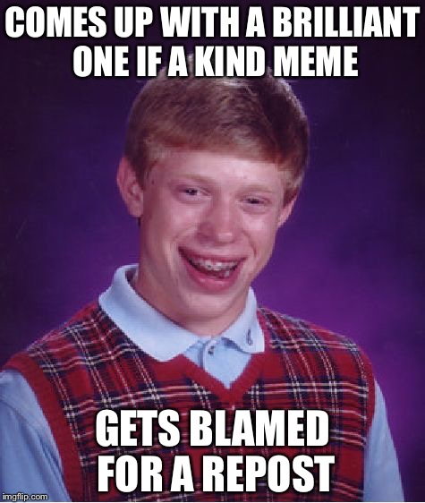 Bad Luck Brian | COMES UP WITH A BRILLIANT ONE IF A KIND MEME; GETS BLAMED FOR A REPOST | image tagged in memes,bad luck brian | made w/ Imgflip meme maker