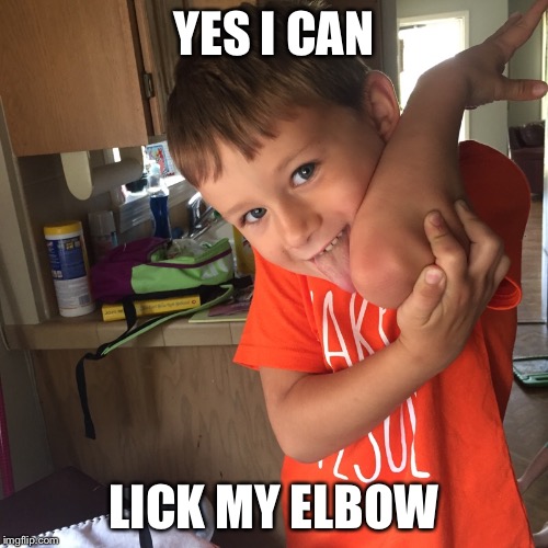 Yes I can | YES I CAN; LICK MY ELBOW | image tagged in elbow | made w/ Imgflip meme maker