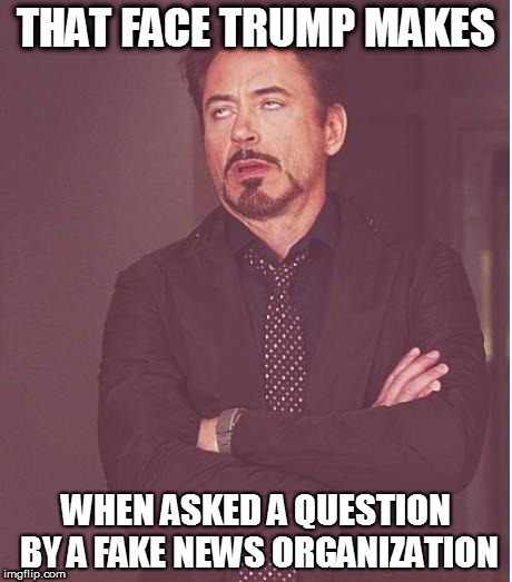 Face You Make Robert Downey Jr | THAT FACE TRUMP MAKES; WHEN ASKED A QUESTION BY A FAKE NEWS ORGANIZATION | image tagged in memes,face you make robert downey jr | made w/ Imgflip meme maker