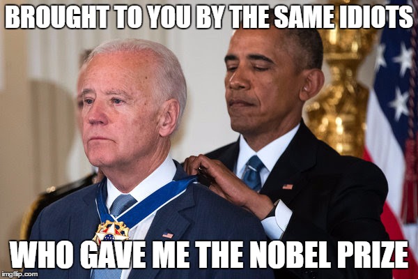 National Idiot's Award | BROUGHT TO YOU BY THE SAME IDIOTS; WHO GAVE ME THE NOBEL PRIZE | image tagged in joe biden,nobel,funny,political | made w/ Imgflip meme maker