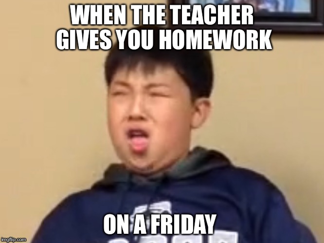 WHEN THE TEACHER GIVES YOU HOMEWORK; ON A FRIDAY | image tagged in homework | made w/ Imgflip meme maker