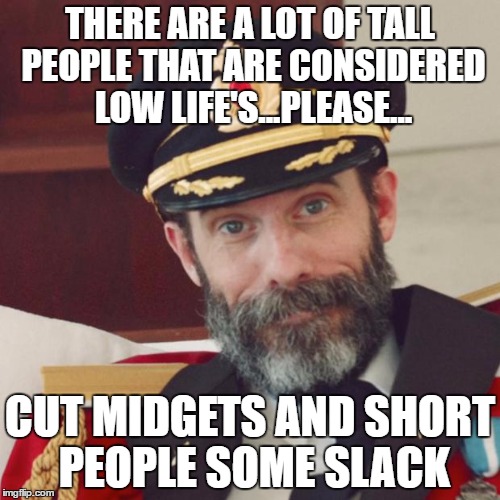 Captain Obvious Dry Sense of Humor | THERE ARE A LOT OF TALL PEOPLE THAT ARE CONSIDERED LOW LIFE'S...PLEASE... CUT MIDGETS AND SHORT PEOPLE SOME SLACK | image tagged in captain obvious | made w/ Imgflip meme maker
