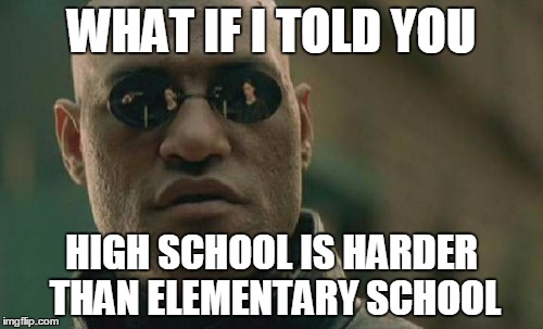 Matrix Morpheus Meme | WHAT IF I TOLD YOU; HIGH SCHOOL IS HARDER THAN ELEMENTARY SCHOOL | image tagged in memes,matrix morpheus | made w/ Imgflip meme maker