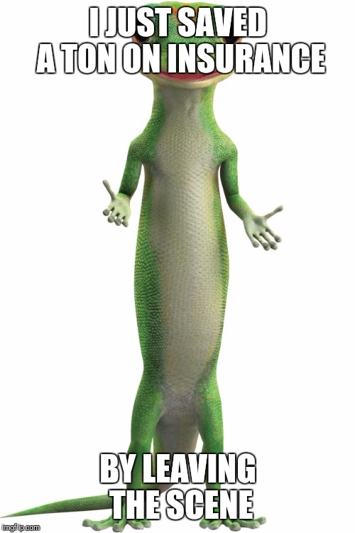 $ave a ton | I JUST SAVED A TON ON INSURANCE; BY LEAVING THE SCENE | image tagged in funny memes,funny,geico gecko | made w/ Imgflip meme maker