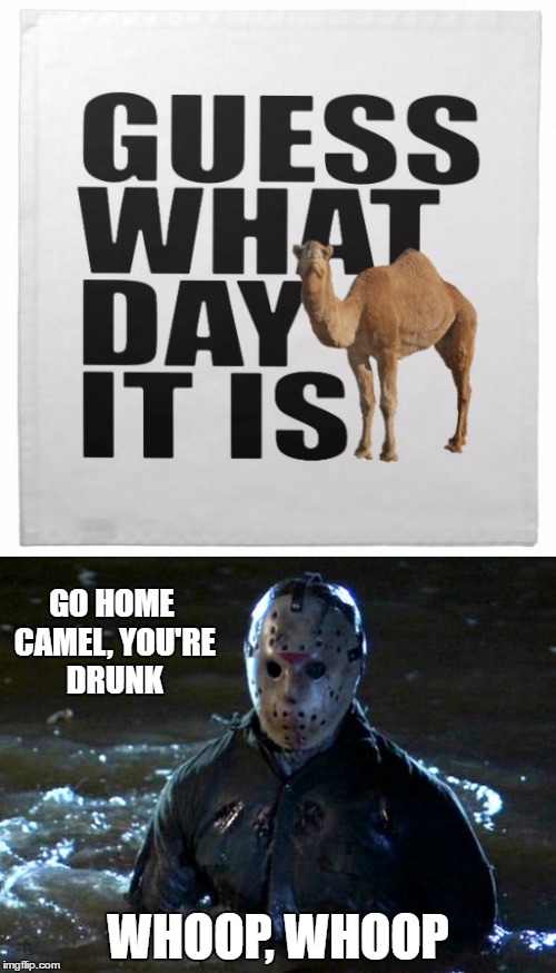 Had to get a few in today. I've been slacking | GO HOME CAMEL, YOU'RE DRUNK; WHOOP, WHOOP | image tagged in friday the 13th | made w/ Imgflip meme maker