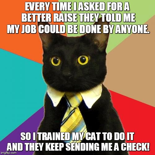 they were right, but I'm enjoying the job more meow. |  EVERY TIME I ASKED FOR A BETTER RAISE THEY TOLD ME MY JOB COULD BE DONE BY ANYONE. SO I TRAINED MY CAT TO DO IT AND THEY KEEP SENDING ME A CHECK! | image tagged in memes,business cat | made w/ Imgflip meme maker