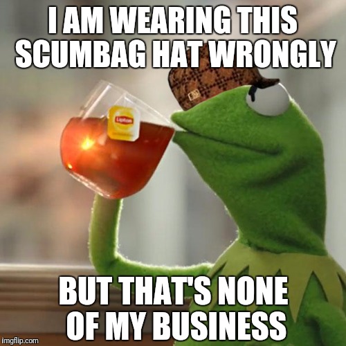 But That's None Of My Business | I AM WEARING THIS SCUMBAG HAT WRONGLY; BUT THAT'S NONE OF MY BUSINESS | image tagged in memes,but thats none of my business,kermit the frog,scumbag | made w/ Imgflip meme maker