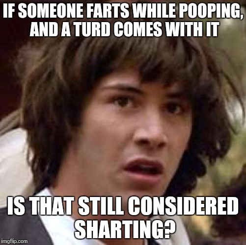 Conspiracy Keanu Meme | IF SOMEONE FARTS WHILE POOPING, AND A TURD COMES WITH IT; IS THAT STILL CONSIDERED SHARTING? | image tagged in memes,conspiracy keanu | made w/ Imgflip meme maker