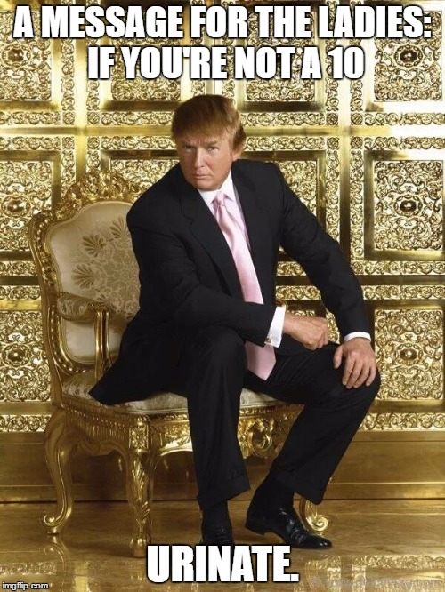 Trump on golden throne | A MESSAGE FOR THE LADIES: IF YOU'RE NOT A 10; URINATE. | image tagged in trump on golden throne | made w/ Imgflip meme maker