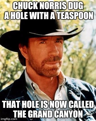 Chuck Norris Meme | CHUCK NORRIS DUG A HOLE WITH A TEASPOON; THAT HOLE IS NOW CALLED THE GRAND CANYON | image tagged in memes,chuck norris | made w/ Imgflip meme maker