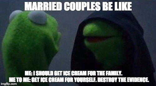 kermit me to me | MARRIED COUPLES BE LIKE; ME: I SHOULD GET ICE CREAM FOR THE FAMILY.          
ME TO ME: GET ICE CREAM FOR YOURSELF. DESTROY THE EVIDENCE. | image tagged in kermit me to me | made w/ Imgflip meme maker