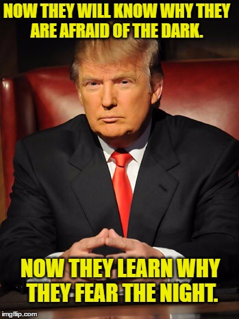 Donald trump | NOW THEY WILL KNOW WHY THEY ARE AFRAID OF THE DARK. NOW THEY LEARN WHY THEY FEAR THE NIGHT. | image tagged in donald trump,trump,conan,democrat,crying democrats | made w/ Imgflip meme maker